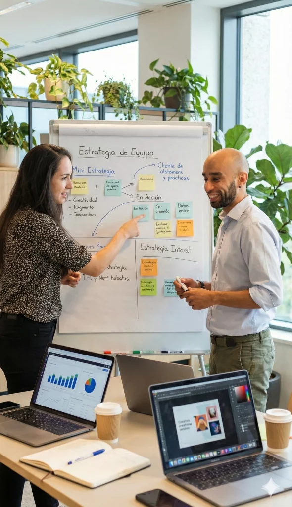 Texto Alt: "Fundadores de ConectaLab diseñando una estrategia de marketing automatizado en pizarra."