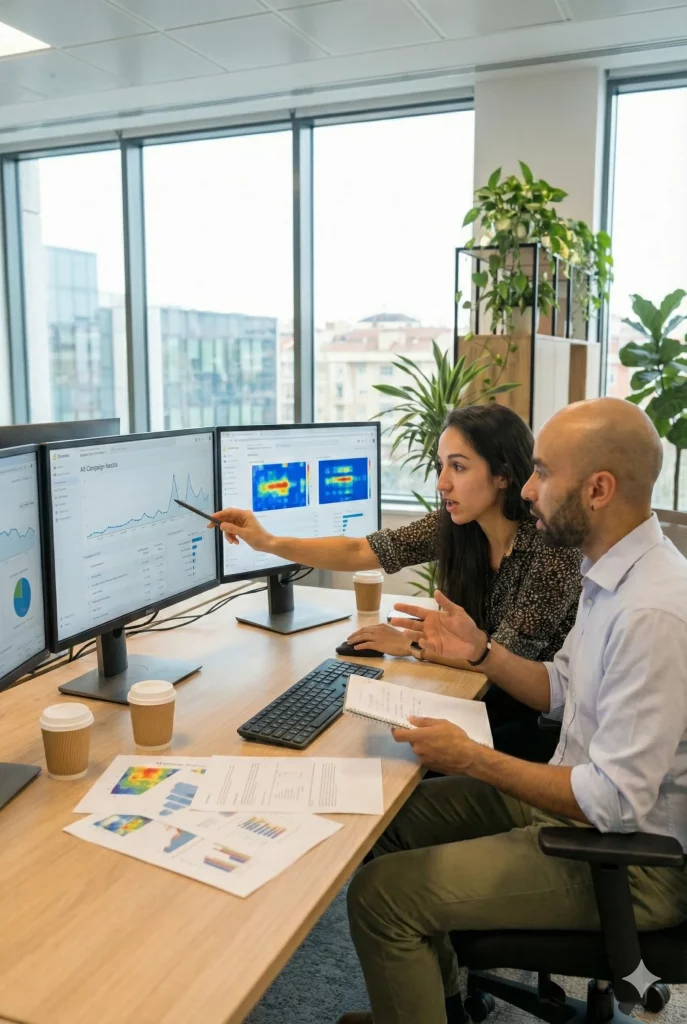 Texto Alt: "Consultores analizando métricas de campañas y validación de datos con inteligencia artificial."